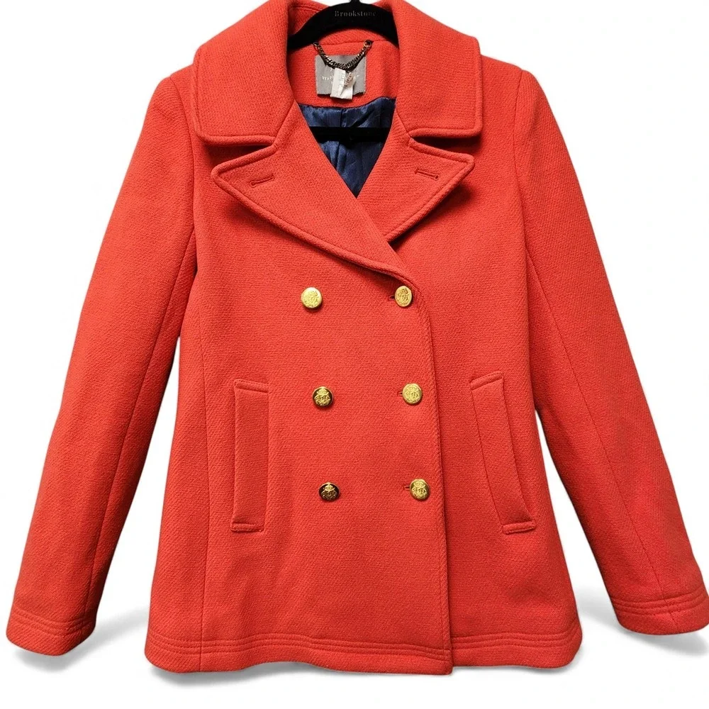 J. Crew Pea Coat Women 4 Red Stadium Cloth by Nello Gori Gold Buttons FLAWS READ - Picture 1 of 14